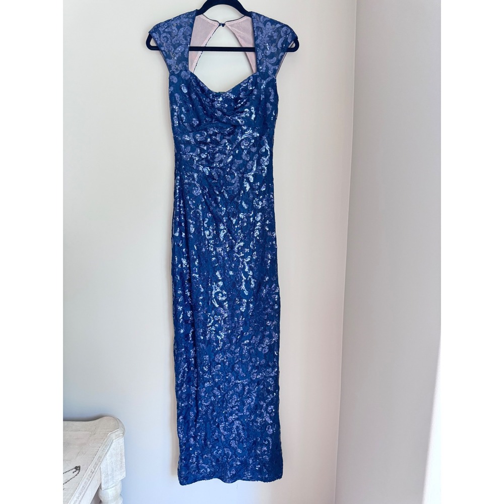 Lauren Ralph Lauren Evening Gown Navy Blue Sequin Lace Formal Dress Side Slit 6